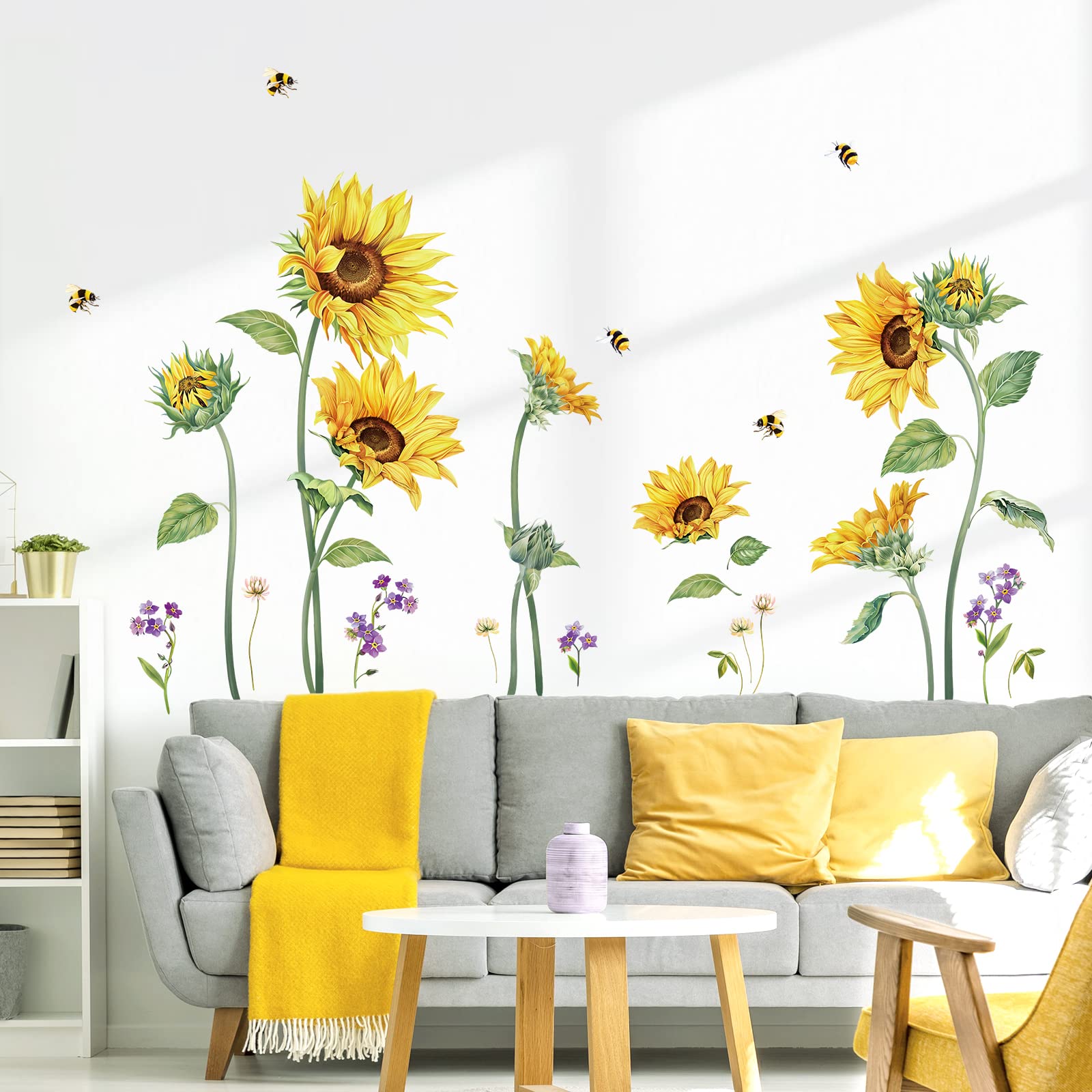 decalmile Large Sunflower Wall Decals Flower Grass Wall Stickers Bedroom Living Room Kitchen Wall Decor