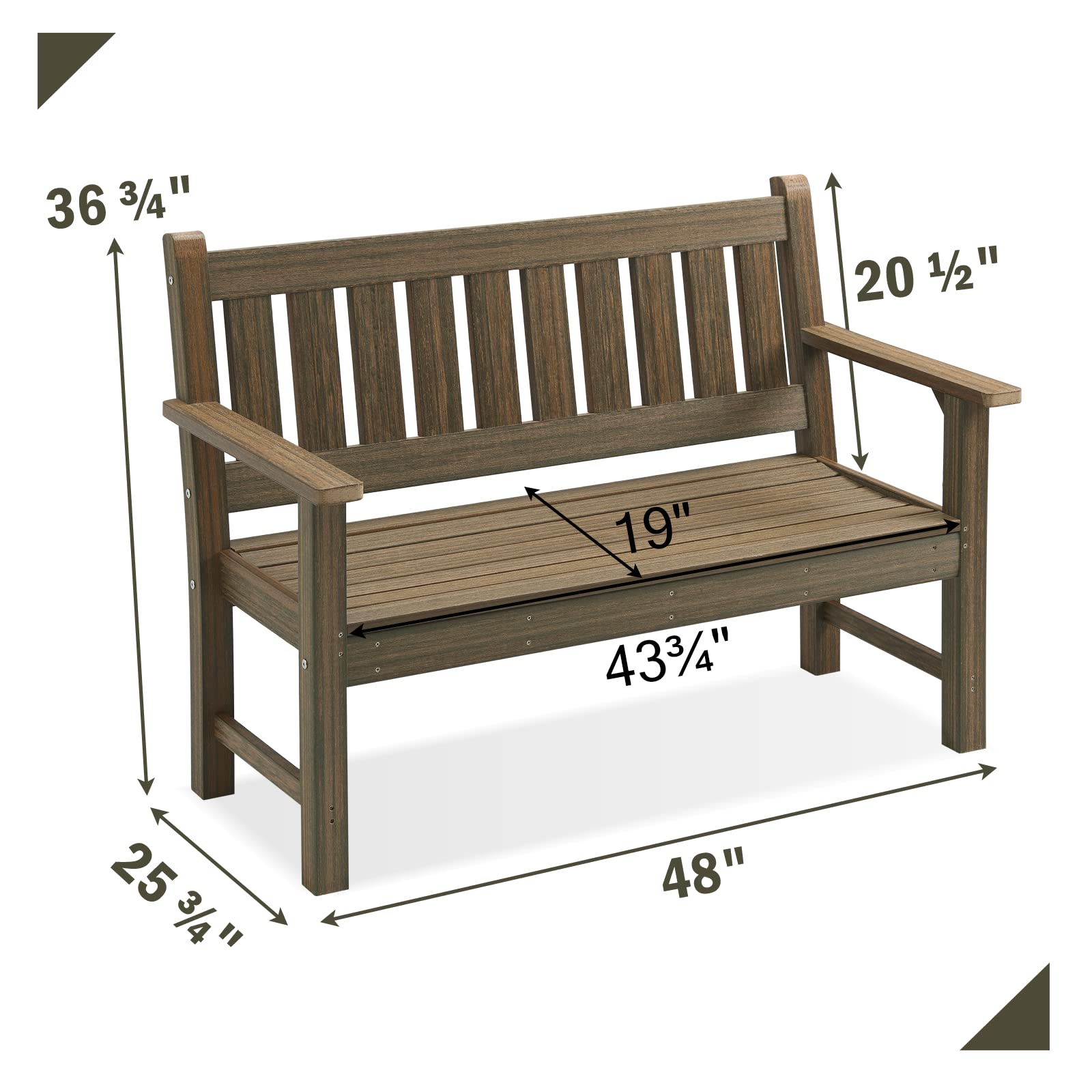 ACUEL Outdoor Bench, 3-Person Garden Bench, Poly Lumber Patio Bench for Outdoors, Porch, and Park (Light Brown)