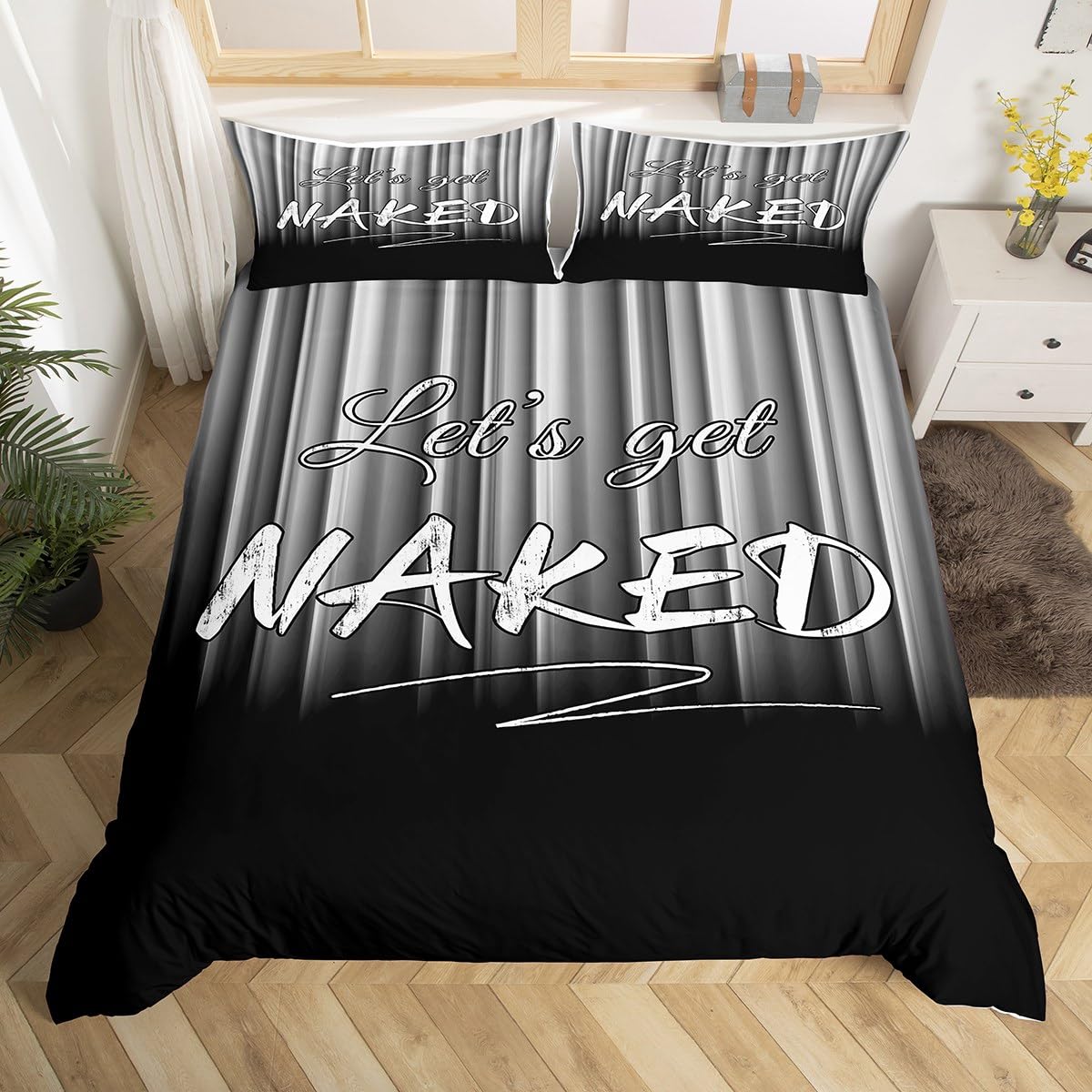 Kids Let's Get Naked Pattern Bedding Set Queen Size White Strip Lines Bedding Duvet Cover Set For Boys Teens Decor Geomestric Comforter Cover Set Black White Bedspread Cover Bedroom Quilt Cover 3Pcs