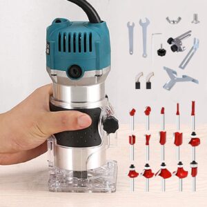 akypach wood router tool electric hand trimmer laminate milling engraving hand machine joiner 110v 800w with 15pcs trim router bits slotting carving 1/4" collets woodworking tool