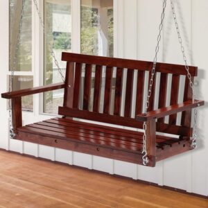 wooden porch swings outdoor bench swing 48inch, 2 person seating hanging porch swing solid wood patio bench for garden,yard,patio,corrosion resistant, heavy duty 800lb weight for adult (brown)