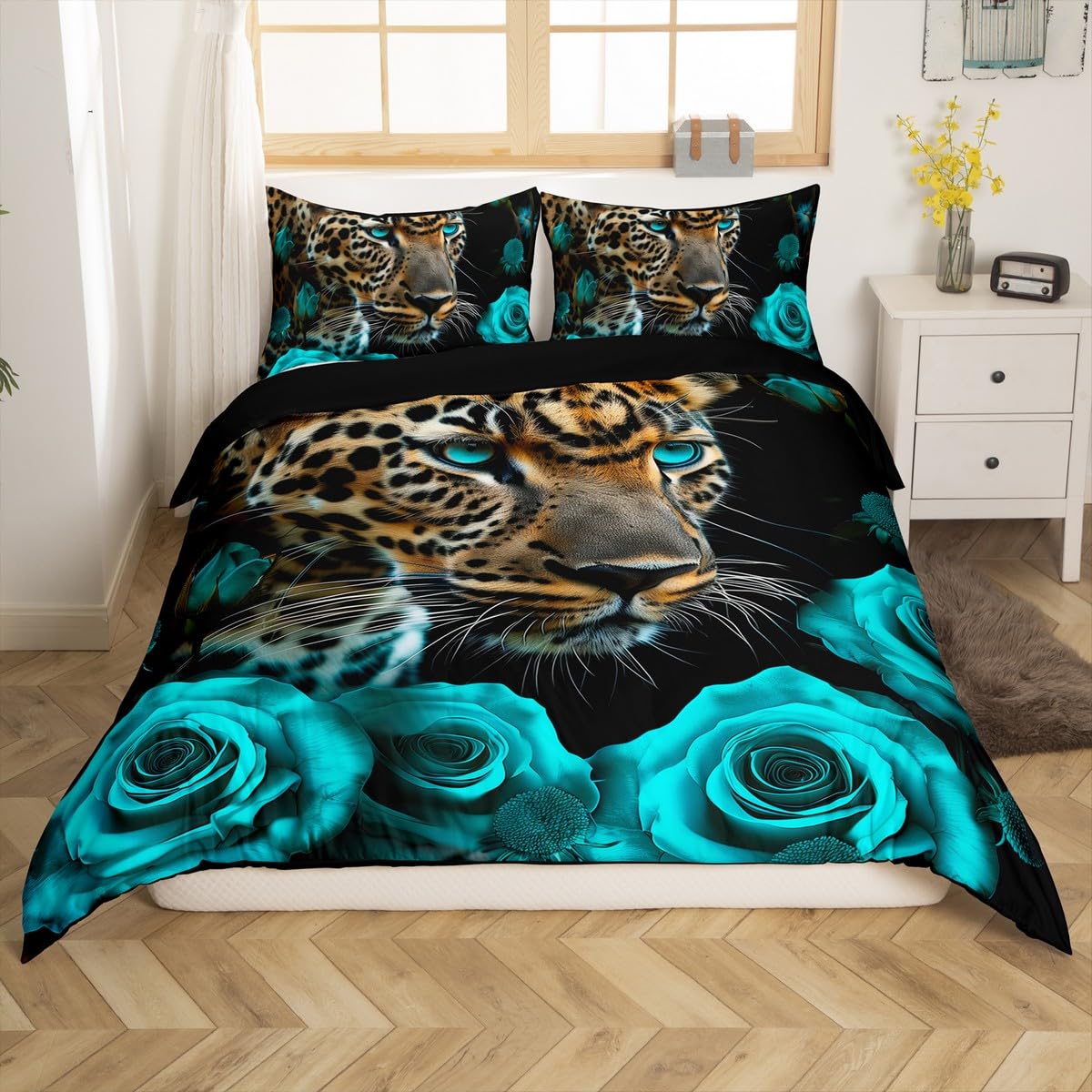 Leopard Bedding Set Turquoise Teal Rose Comforter Cover for Men Women,Cheetah Print Duvet Cover African Safari Animals Big Cat Spot Bed Set Queen,Romantic Flowers Wildlife Wild Animal Room Decor