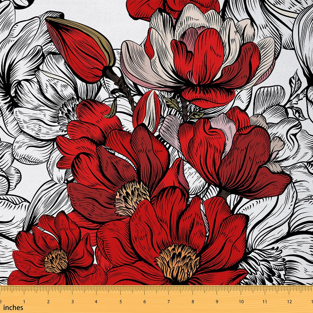 Red Poppy Fabric by The Yard Abstract Sketch Wild Flowers Decor Fabric for Sewing Lovers Outoor Retro Floral Rustic Style Fabric for DIY Upholstery and Home Accents 1 Yard