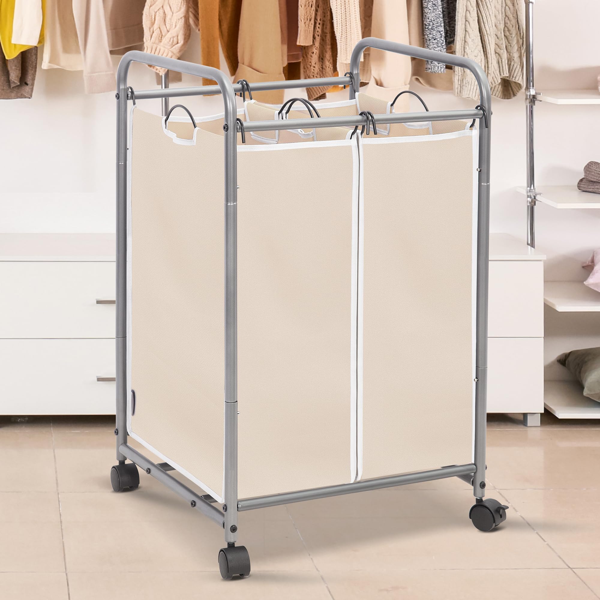 STORAGE MANIAC Laundry Sorter 2 Section, 90 L Laundry Hamper with Wheels, Laundry Basket Sorter, Laundry Separator Hamper, Laundry Organizer, 2 Bag Laundry Cart with Wheels and Removable Bags, Beige