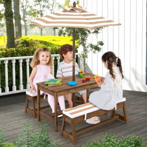 Costzon Kids Picnic Table, Toddler Wood Table & Chair Set w/Cushions, Height Adjustable Umbrella, Children Activity Table Outdoor Furniture Set for Patio, Garden, Backyard, Gift for Ages 3-8 (Coffee)