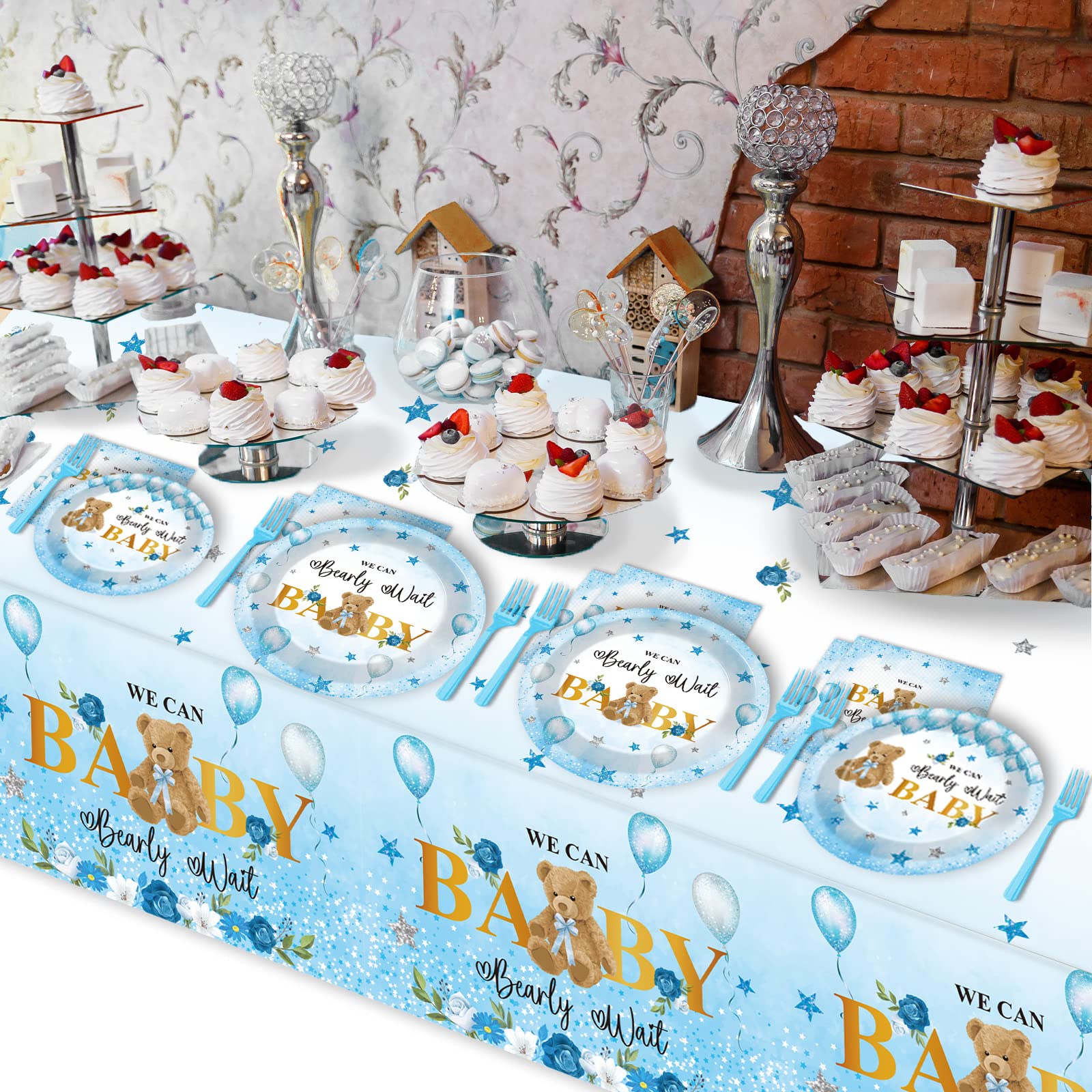 98 PCS Bear Baby Shower Decorations We Can Bearly Wait Tableware Set Baby Shower Themed Tablecloth Plates Boho Napkins Forks for Boy Girl Baby Shower Gender Reveal Birthday Party Supplies