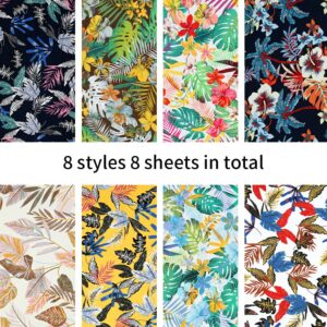 Hawaiian Tropical Fabric 8 Pieces Summer Floral Leaf Pattern Printed Fabric, 15.7 x 19.7 Inch Jungle Palm Hawaii Quilting Patchwork Holiday Fabric Bundles for DIY Crafts Sewing Decor Making Supplies