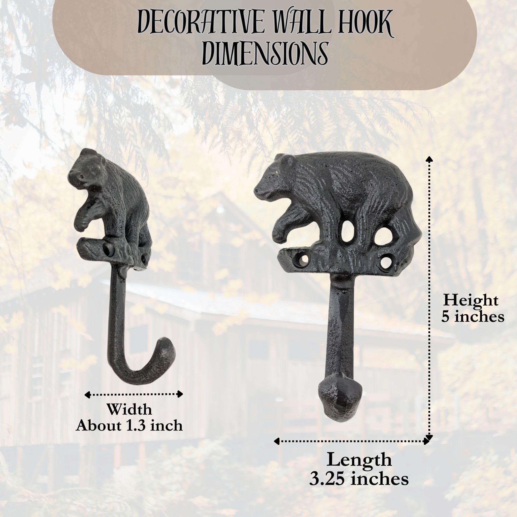 BestGiftEver Decorative Wall Coat Hooks Set of 2 with Black Bear in The Forest Accent - Rustic Cast Iron Animal Wall Mounted Hooks for Cabin Lodge - Ideal for Wildlife and Woodland Theme Enthusiasts