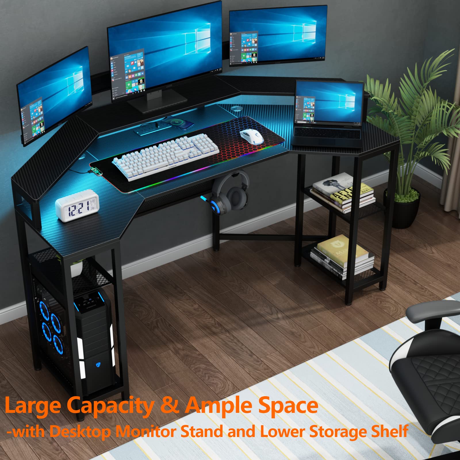 Gyfimoie Computer Desk with Power Outlet & Led Light, 63" Large Wing-Shaped Gaming Desk with Full Monitor Stand, Wireless Charging, RGB Mouse Pad,Headphone Hook,Studio Desk with Storage Shelf for Live