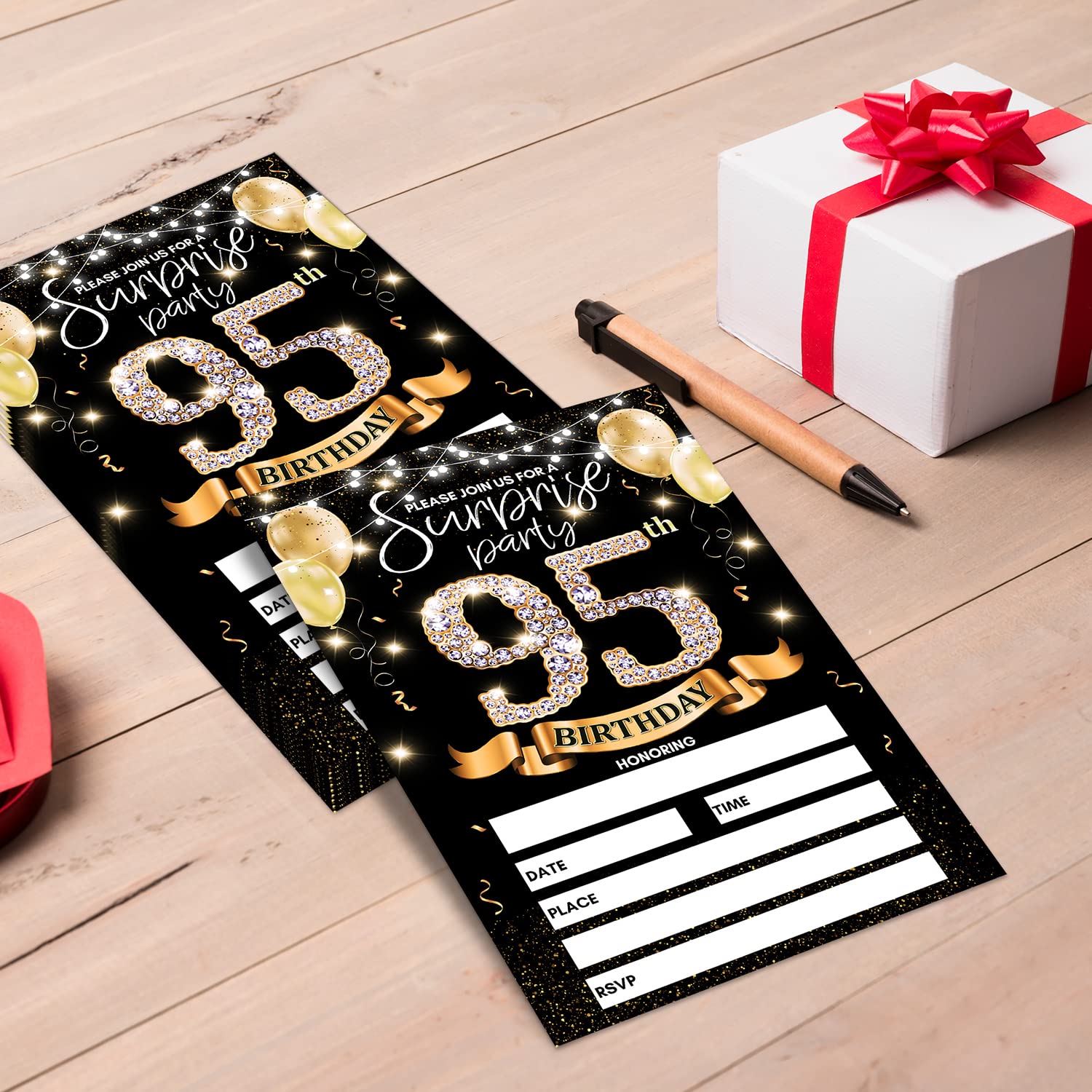 95th Birthday Party Invitation Card - Black Gold Invites with Birthday Sign Printing On The Back Double-Sided Fill-in Invites - 20 Cards with Envelopes for Party Favors - srgold-A09