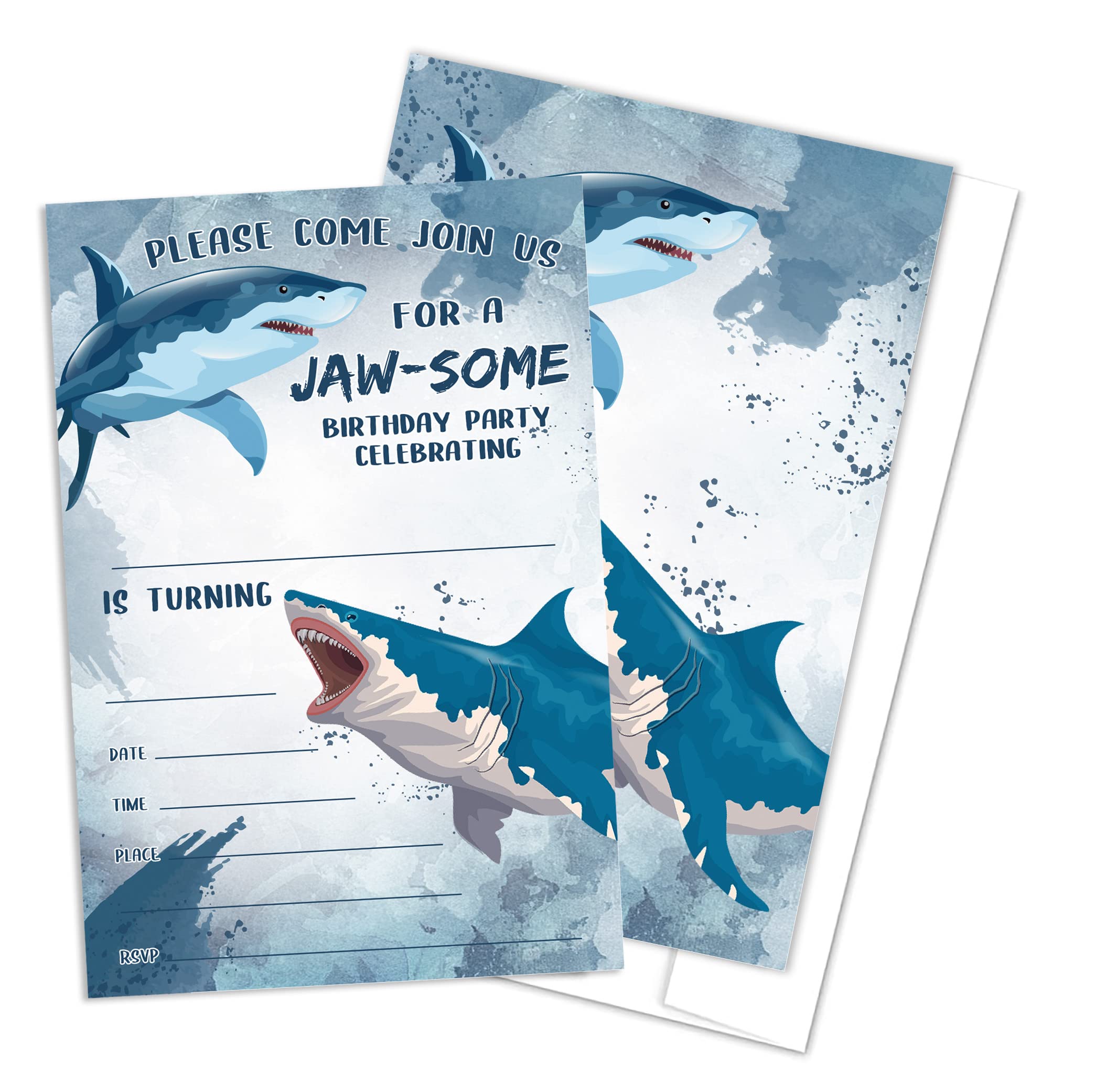 QOFO Ocean Sharks Birthday Party Invitations-Set of 20 With Envelopes,Underwater World Animal Party,Birthday Party Decorations And Supplies-YQC02