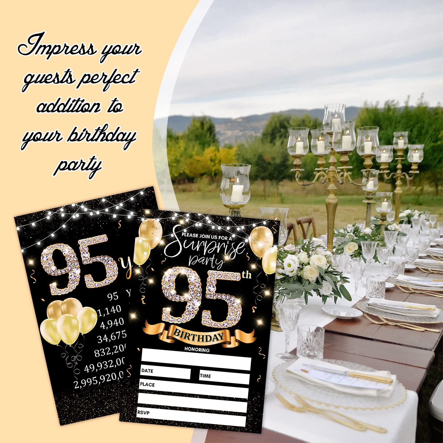 95th Birthday Party Invitation Card - Black Gold Invites with Birthday Sign Printing On The Back Double-Sided Fill-in Invites - 20 Cards with Envelopes for Party Favors - srgold-A09