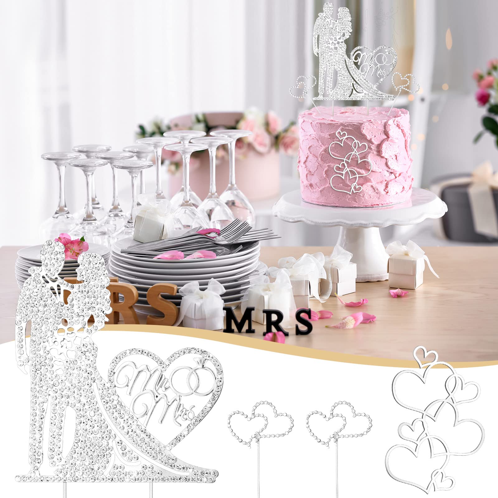 Spiareal 4 Pcs Wedding Cake Topper Mr and Mrs Rhinestone Bride and Groom Love Cake Topper Metal Happy Engagement Anniversary Cake Topper Wedding Party Cake Decor Cake Topper for Bridal Shower(Silver)