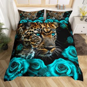 leopard bedding set turquoise teal rose comforter cover for men women,cheetah print duvet cover african safari animals big cat spot bed set queen,romantic flowers wildlife wild animal room decor