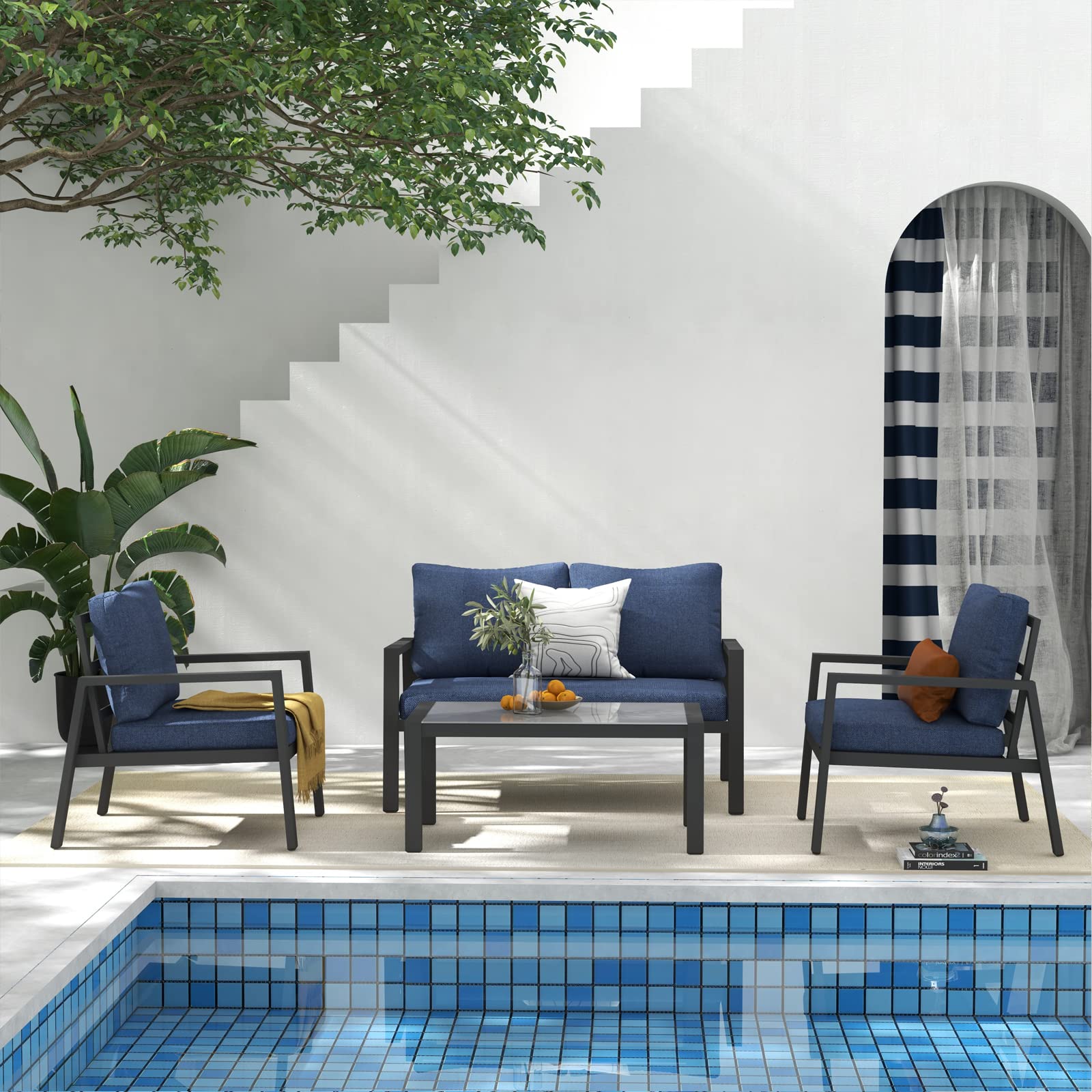 Soleil Jardin 4-Piece Aluminum Outdoor Patio Furniture, Patio Conversation Sofa Set with Removable Cushions, Tempered Glass Top Coffee Table, Dark Grey Finish & Denim Blue Cushion