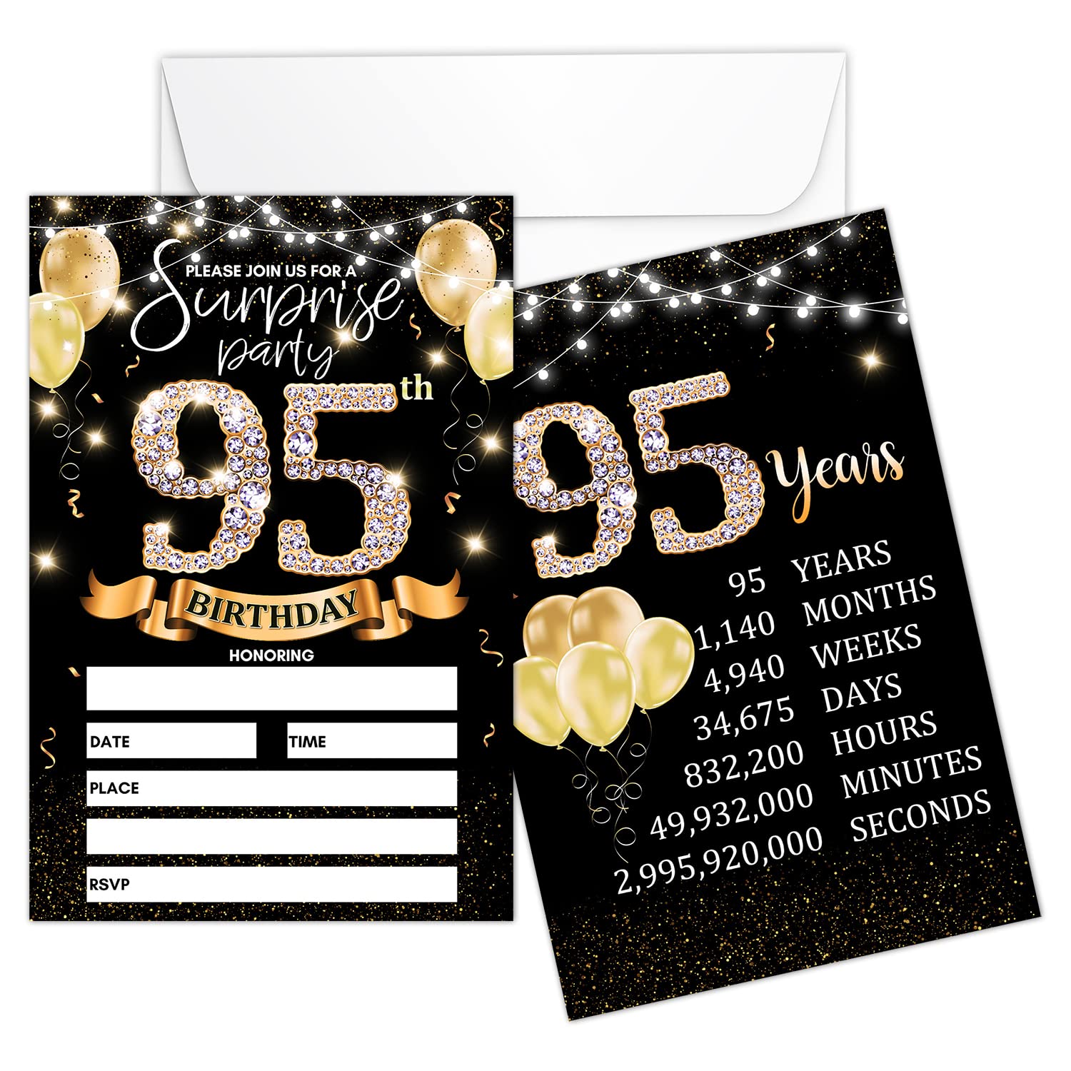 95th Birthday Party Invitation Card - Black Gold Invites with Birthday Sign Printing On The Back Double-Sided Fill-in Invites - 20 Cards with Envelopes for Party Favors - srgold-A09