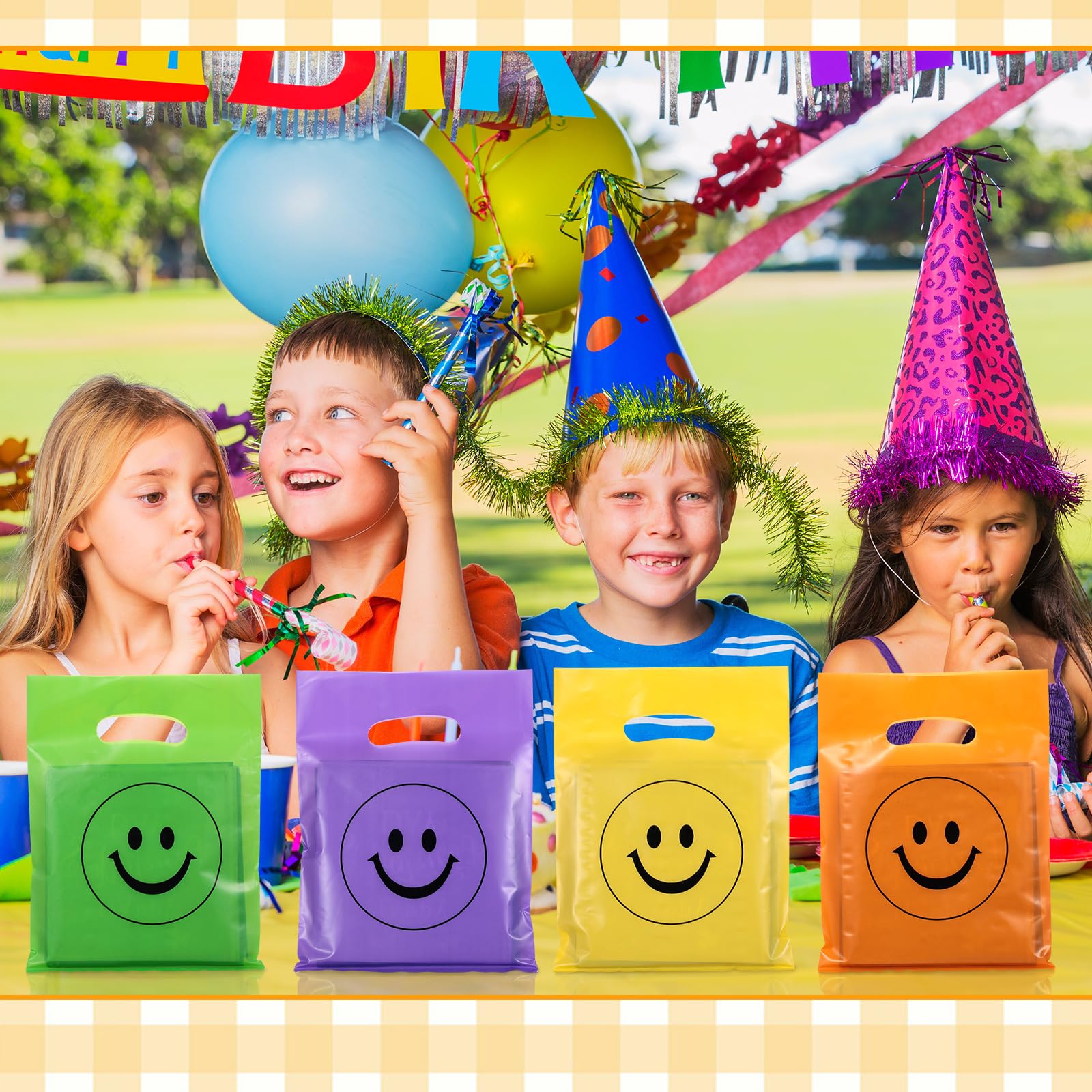 Geyee 300 Pieces Smile Face Gift Bags 6" x 8" Plastic Party Favors Bags Christmas Party Goodie Bags Treat Bags Bulk with Handle for Kids Birthday Party Classroom School Supplies(Multicolor)