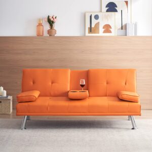 anwickhomk 67" multifunctional double folding sofa bed with 2 cup holders,leather couch loveseat sleeper with removable armrests,convertible folding couches bed for office small spaces (orange)