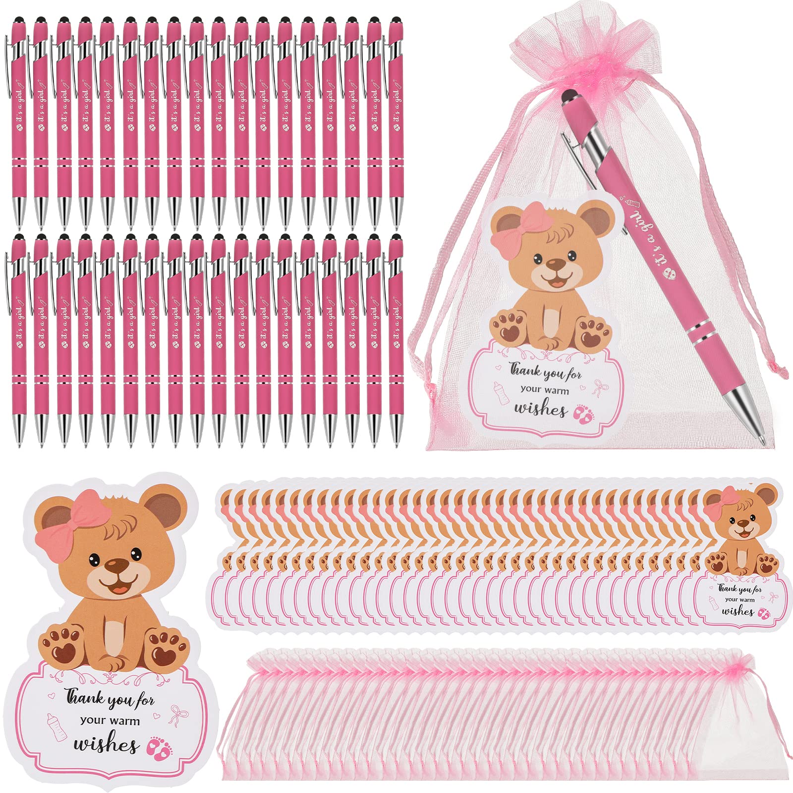 Estune 108 Pcs Baby Shower Pens Set It's a Pen with Stylus Tip 2 in 1 Ink Pens Boy Girl Baby Shower Gifts Card Organza Bags Baby Shower Party Favors for Guests Office Writing Journaling (Pink)