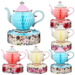 wettarn 6 pcs floral tea party decorations princess party tea honeycomb tea party centerpieces for tables spring summer birthday decors 3d vintage teapot vase decors for wedding girls women (floral)