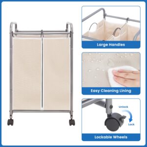 STORAGE MANIAC Laundry Sorter 2 Section, 90 L Laundry Hamper with Wheels, Laundry Basket Sorter, Laundry Separator Hamper, Laundry Organizer, 2 Bag Laundry Cart with Wheels and Removable Bags, Beige