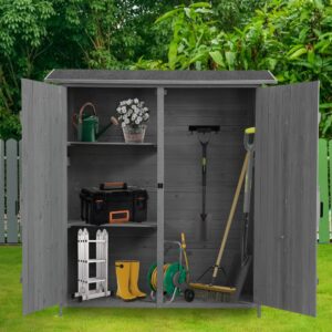 Outdoor Storage Shed with Lockable Door, Wooden Tool Storage Shed w/Detachable Shelves & Pitch Roof, Easy to Assemble Suitable for Home and Yard (Grey)