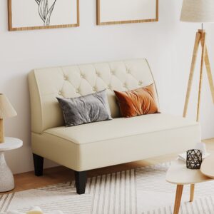 Alunaune Upholstered Loveseat Bench Couch for Bedroom, Modern Anti Scratch Cushioned Armless Settee Small Love Seat Sofa Faux Leather Living Room Couch-Beige