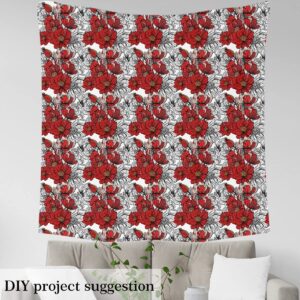 Red Poppy Fabric by The Yard Abstract Sketch Wild Flowers Decor Fabric for Sewing Lovers Outoor Retro Floral Rustic Style Fabric for DIY Upholstery and Home Accents 1 Yard