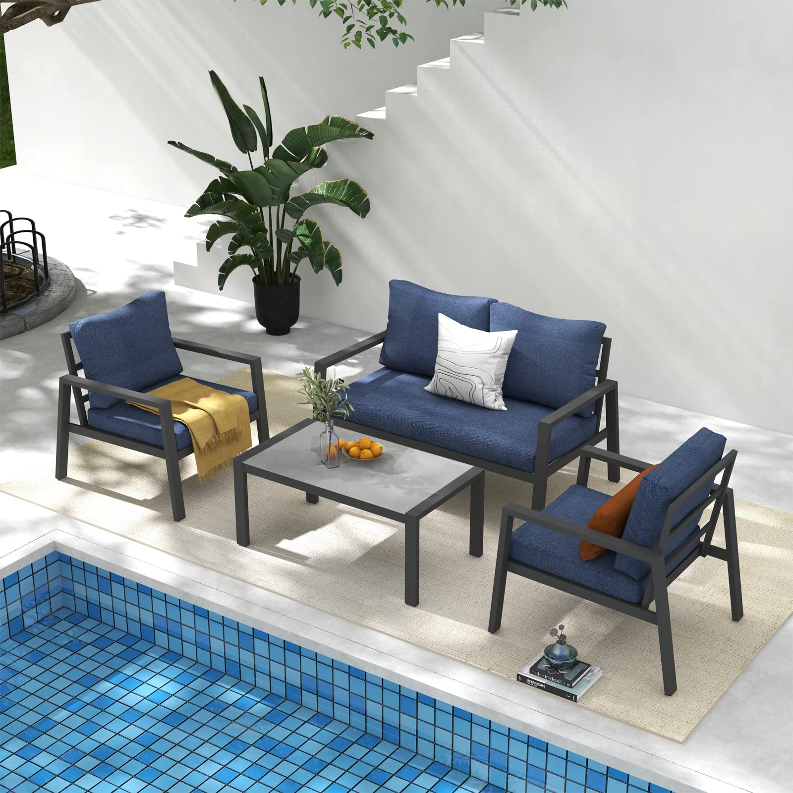 Soleil Jardin 4-Piece Aluminum Outdoor Patio Furniture, Patio Conversation Sofa Set with Removable Cushions, Tempered Glass Top Coffee Table, Dark Grey Finish & Denim Blue Cushion