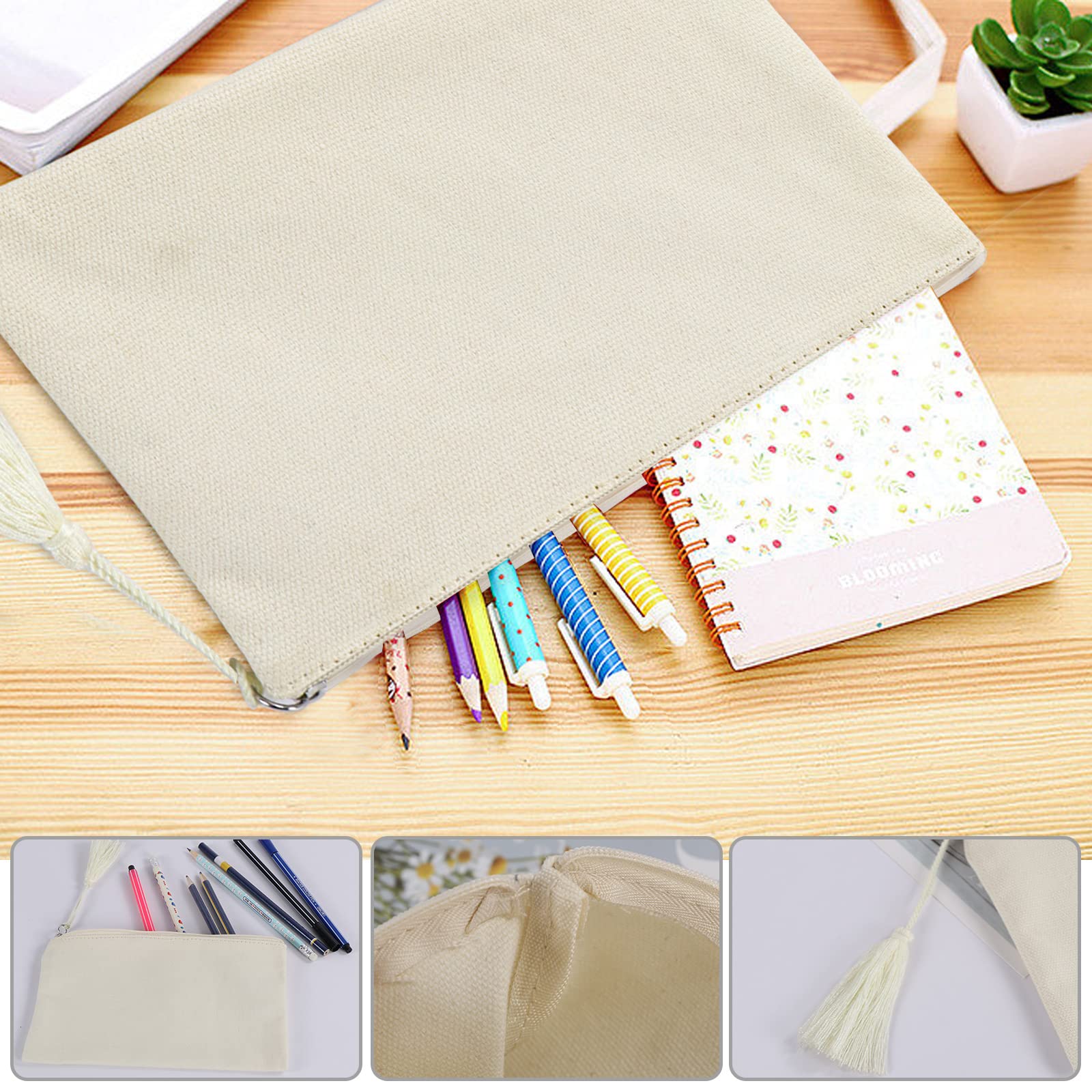 Cawvox Blank Makeup Bags, 6 PCS Blank DIY Craft Canvas Pencil Pouch Bulk Sublimation Cosmetic Bag Multi-Purpose Travel Toiletry Tassel Zipper Bags (Beige 8.5 × 5.1 Inch)