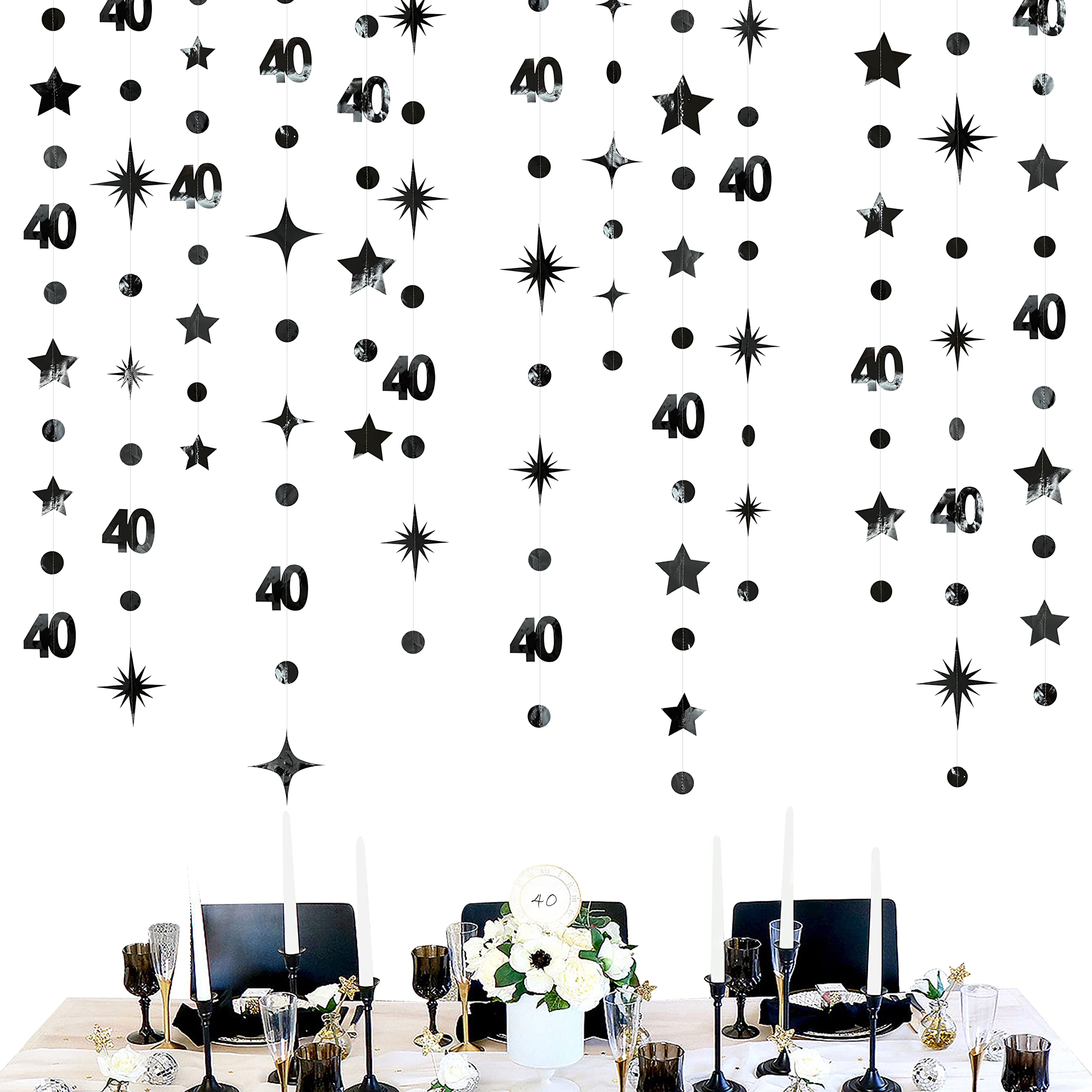 Black 40th Birthday Decorations Number 40 Circle Dot Twinkle Star Garland Metallic Hanging Streamer Bunting Banner Backdrop for Women Mens 40 Year Old Birthday Forty Anniversary Party Supplies