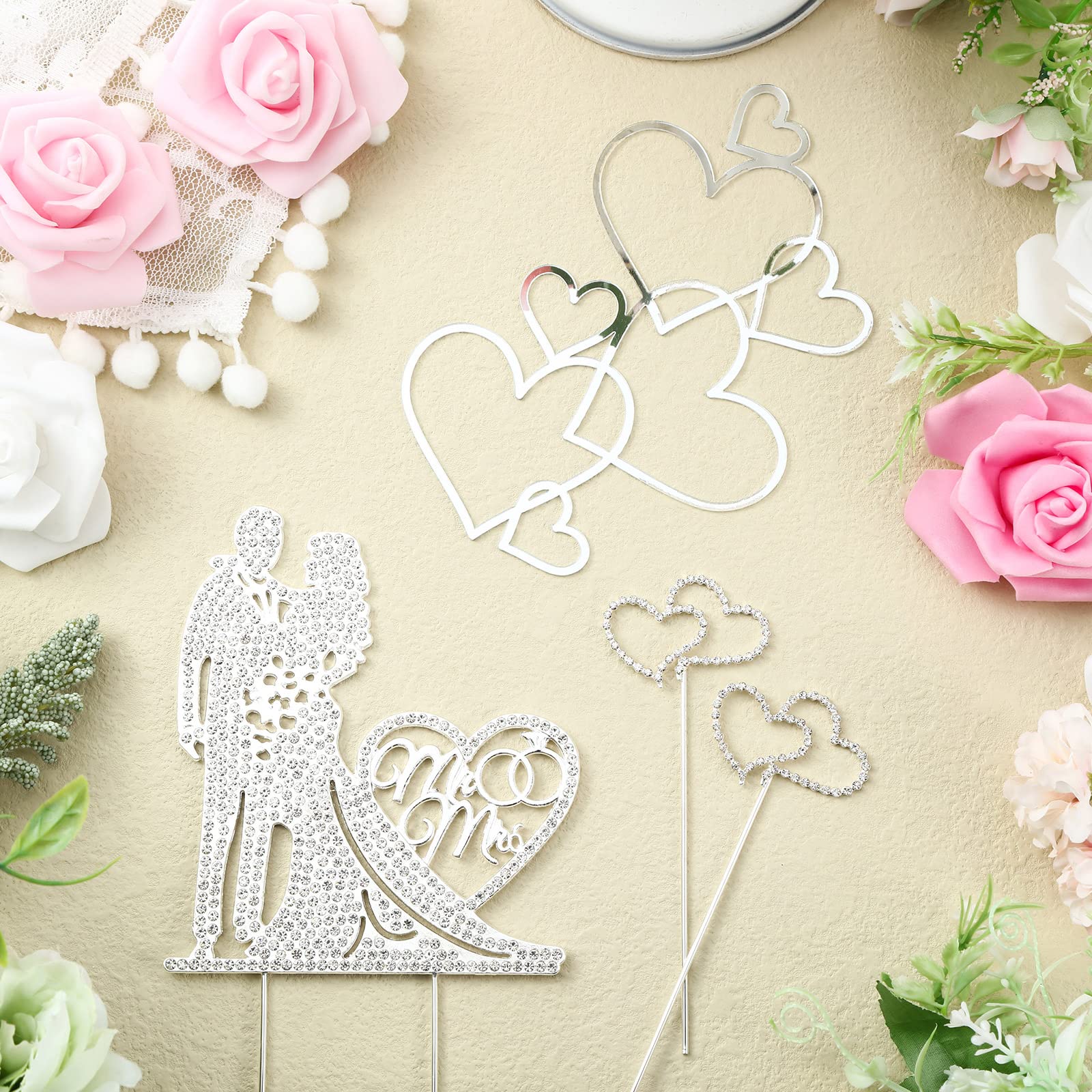 Spiareal 4 Pcs Wedding Cake Topper Mr and Mrs Rhinestone Bride and Groom Love Cake Topper Metal Happy Engagement Anniversary Cake Topper Wedding Party Cake Decor Cake Topper for Bridal Shower(Silver)