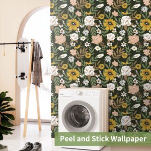 Cismmy Large Floral Peel and Stick Wallpaper Boho Removable Wallpaper for Bedroom Bathroom Easy Peel Off Wallpaper Stick on Wallpaper Vintage Renter Friendly Wall Paper 118" X 17.7"