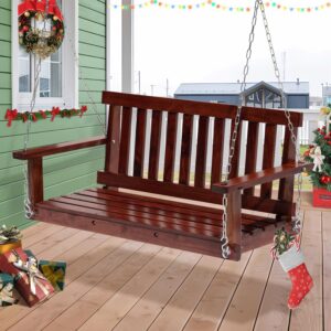 Wooden Porch Swings Outdoor Bench Swing 48inch, 2 Person Seating Hanging Porch Swing Solid Wood Patio Bench for Garden,Yard,Patio,Corrosion Resistant, Heavy Duty 800lb Weight for Adult (Brown)