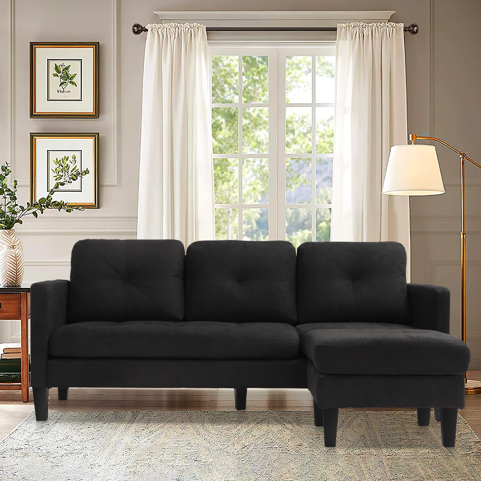 Grepatio Convertible Sectional Sofa Couch, L-Shaped Couch with Modern Linen Fabric for Small Space (Black)