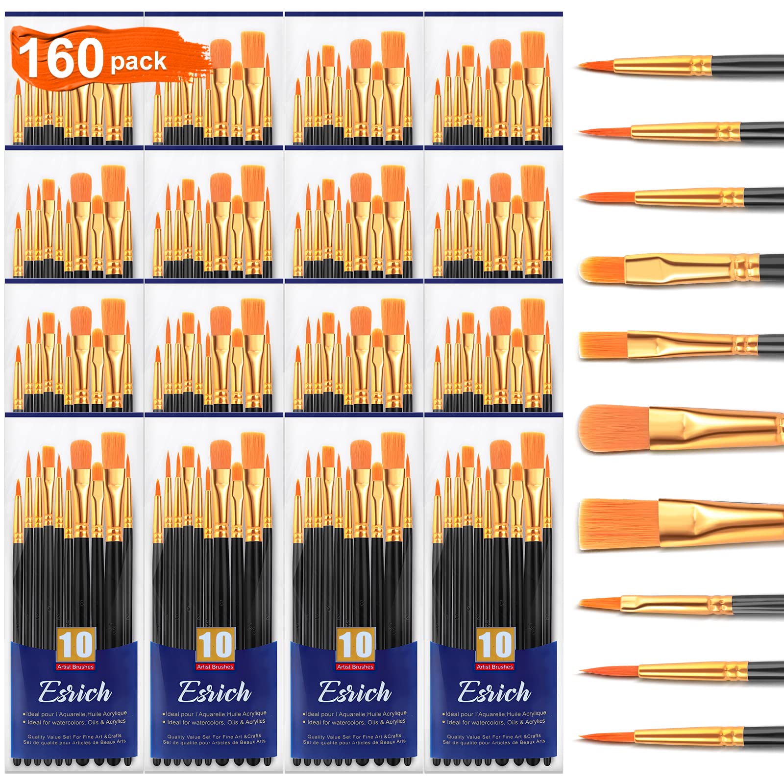 ESRICH Acrylic Paint Brushes Set, 16Packs/160Pcs, Nylon Brush Head, Suitable for Acrylic,Oil,Watercolor,Rock Body Face Nail Art,Perfect Suit of Art Painting,Best Gift for Kids Adult Drawing(Black)