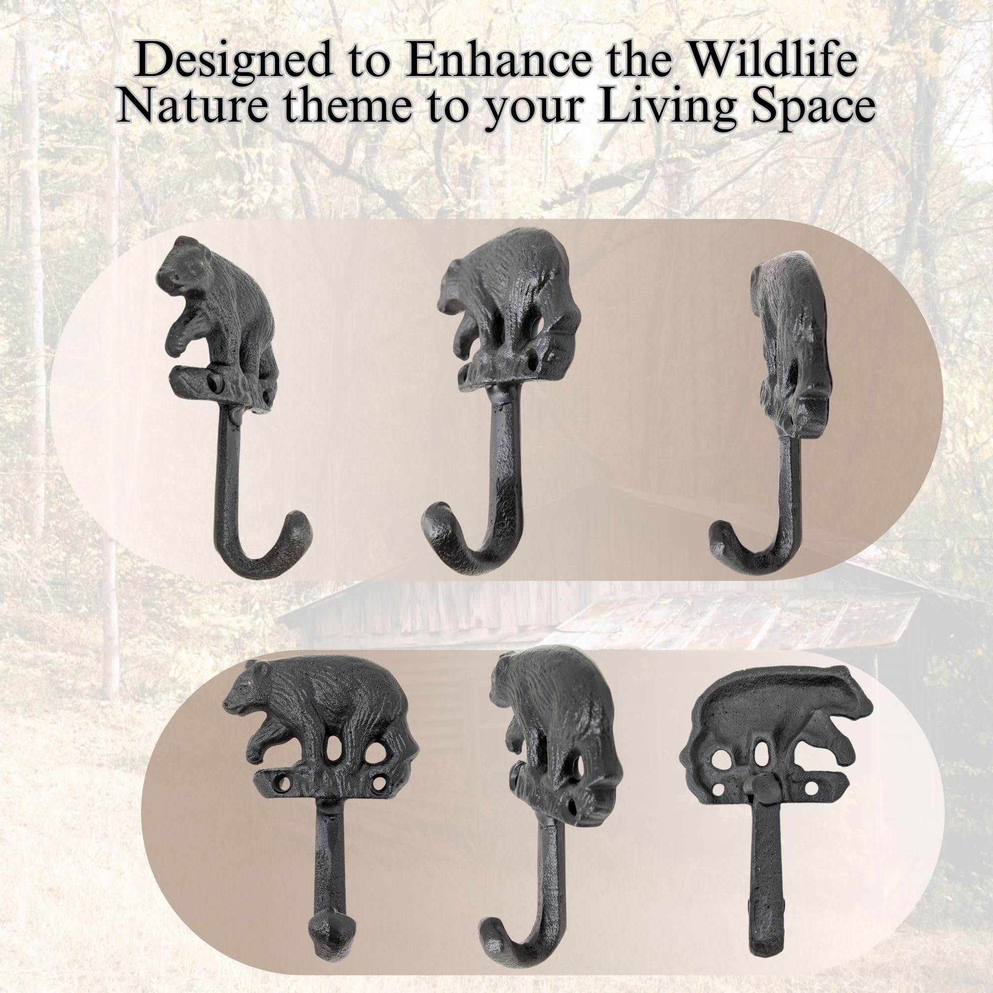 BestGiftEver Decorative Wall Coat Hooks Set of 2 with Black Bear in The Forest Accent - Rustic Cast Iron Animal Wall Mounted Hooks for Cabin Lodge - Ideal for Wildlife and Woodland Theme Enthusiasts