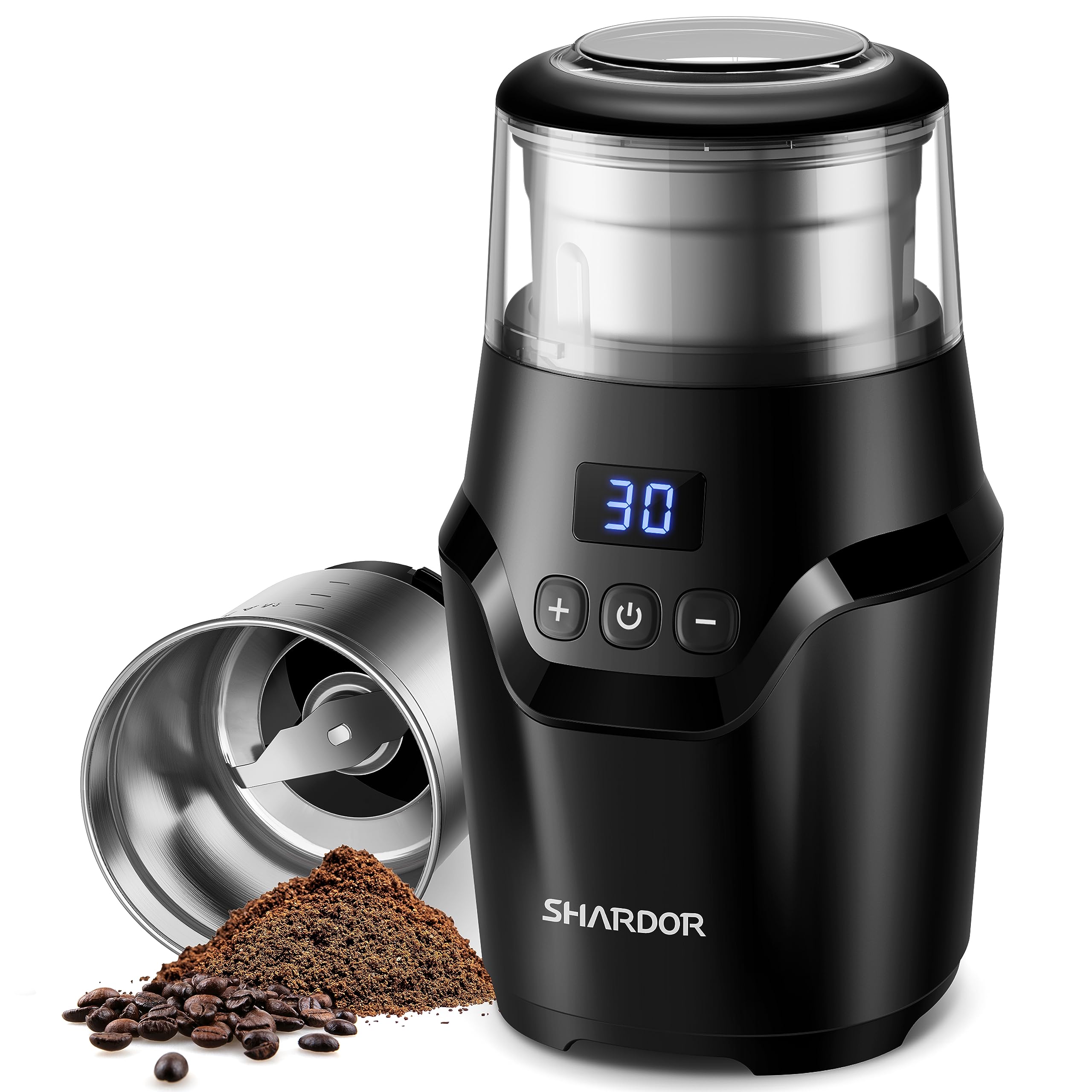 SHARDOR Adjustable Coffee Grinder Electric, Super Silent Electric Coffee Bean Grinder with Time-Memory Adjustment and Multi-Functional Stainless Steel Cup for Spices, Herbs, and Nuts Grinding, Gray