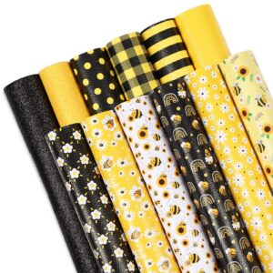 whaline 12pcs summer bee faux leather sheets black yellow plaids synthetic fabric craft leather sunflower glitter printed leather for earrings headbands jewelry wallet making diy craft