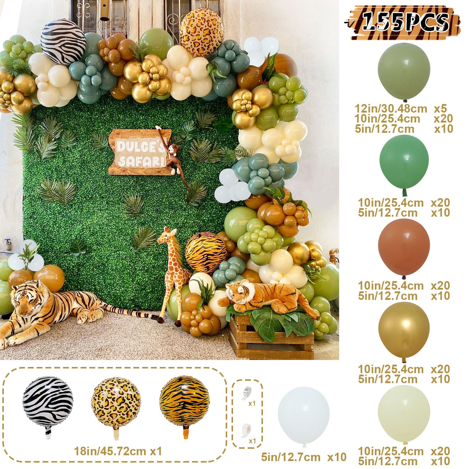 156pcs Jungle Safari Balloon Garland Arch Kit-Sage Green White Balloon with Tropical Animal Decoration for Boy Baby Shower, Wild One Birthday, Woodland Zoo Pals Party Supplies