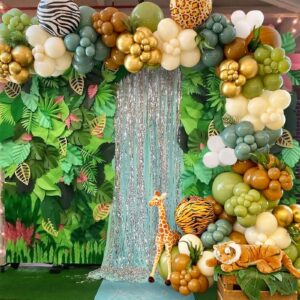 156pcs Jungle Safari Balloon Garland Arch Kit-Sage Green White Balloon with Tropical Animal Decoration for Boy Baby Shower, Wild One Birthday, Woodland Zoo Pals Party Supplies