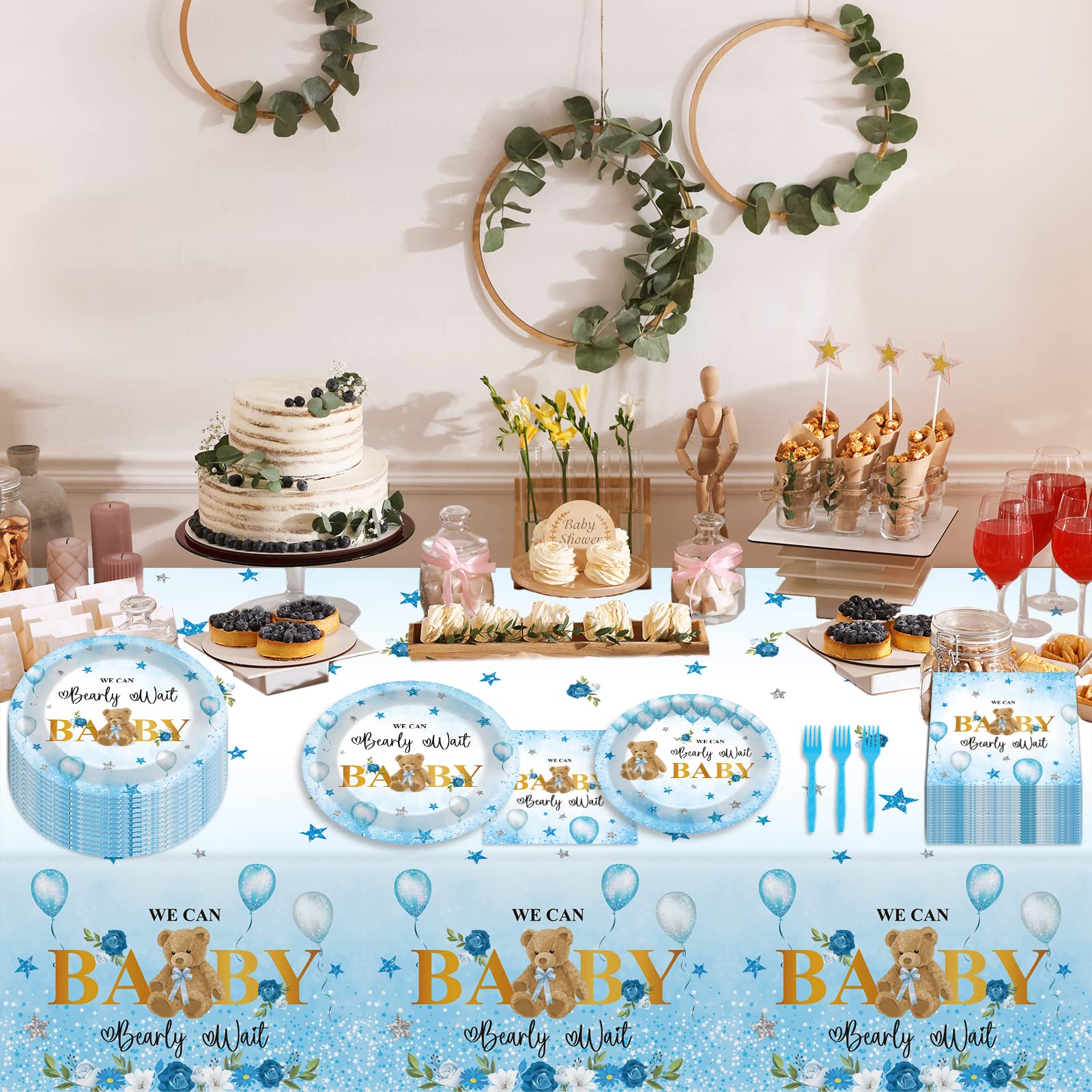 98 PCS Bear Baby Shower Decorations We Can Bearly Wait Tableware Set Baby Shower Themed Tablecloth Plates Boho Napkins Forks for Boy Girl Baby Shower Gender Reveal Birthday Party Supplies