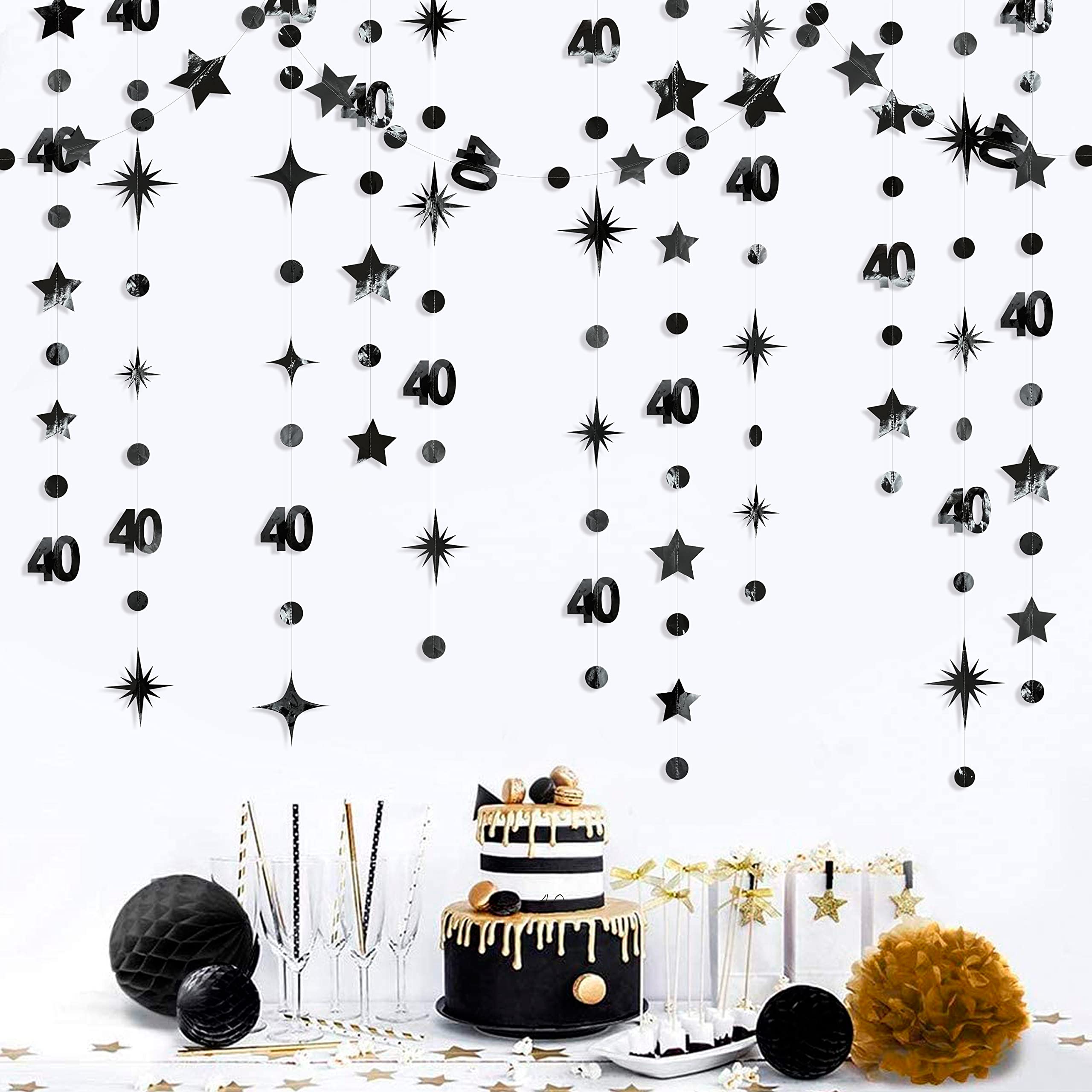 Black 40th Birthday Decorations Number 40 Circle Dot Twinkle Star Garland Metallic Hanging Streamer Bunting Banner Backdrop for Women Mens 40 Year Old Birthday Forty Anniversary Party Supplies