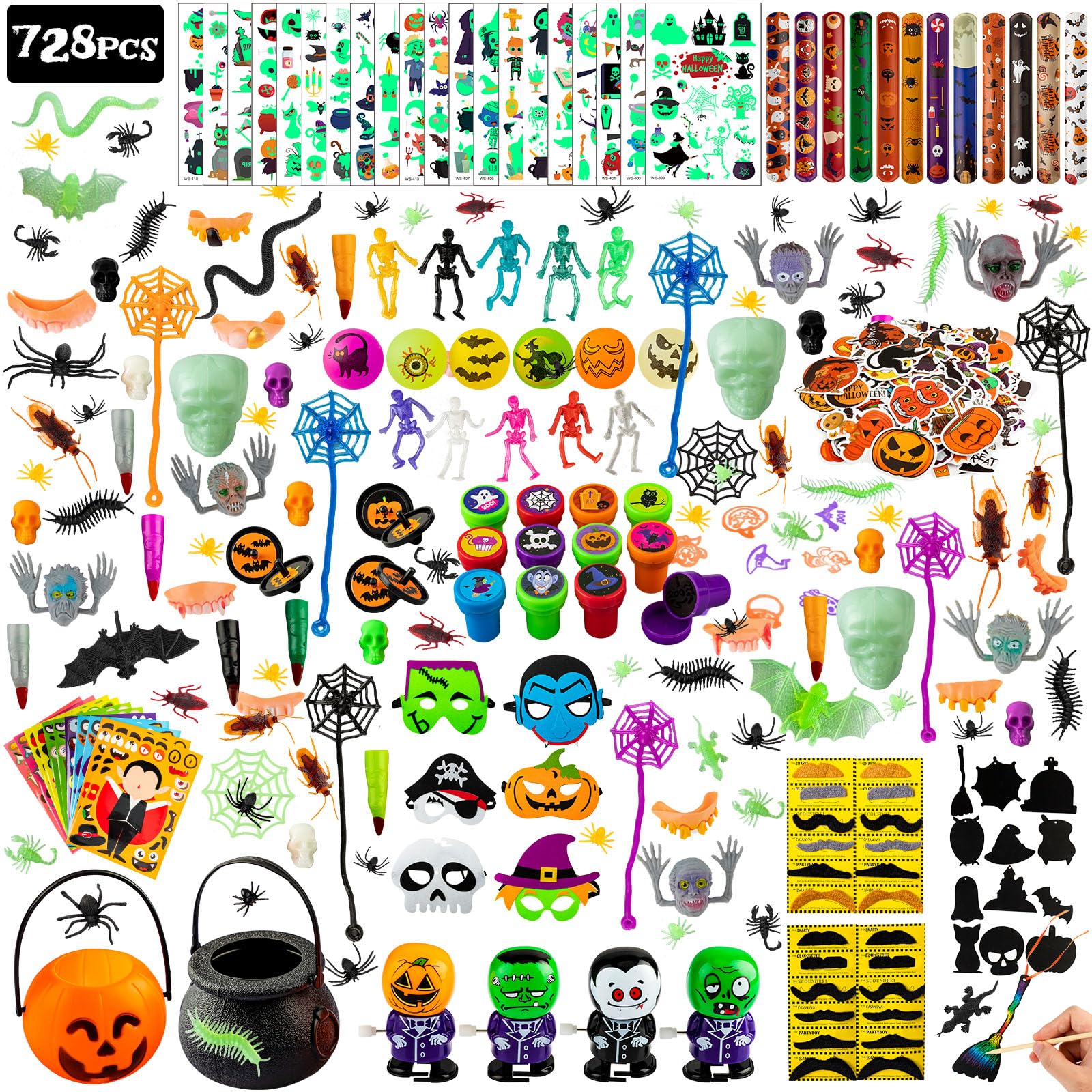 Outus 728 Pcs Halloween Novelty Toys Assortment Halloween Party Favors Mini Trick or Treating Toys Pumpkin Goodie Bag Filler for Halloween Kids School Classroom Reward Prizes Supplies, 52 Styles