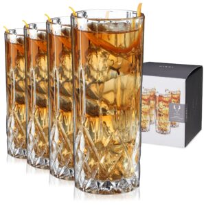 viski admiral highball glasses - cut crystal drinking glasses - tall cocktail glasses 9oz set of 4