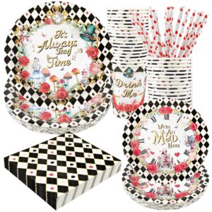 alice party supplies decorations, tea party theme birthday baby shower paper plates and napkins set with cups and straws for 24 guests, 120 pcs disposable party dessert dinnerwares