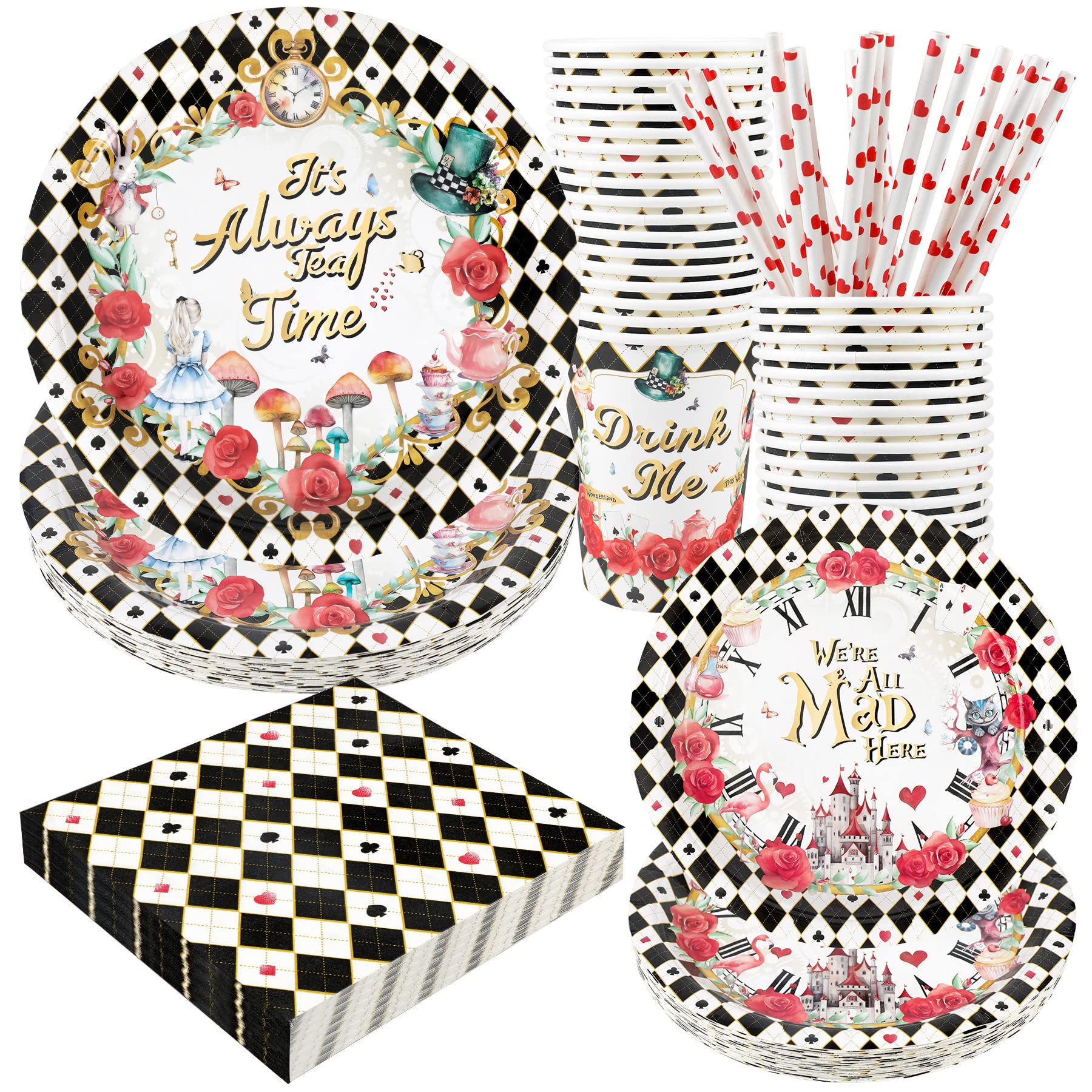 Alice Party Supplies Decorations, Tea Party Theme Birthday Baby Shower Paper Plates and Napkins Set with Cups and Straws for 24 Guests, 120 Pcs Disposable Party Dessert Dinnerwares