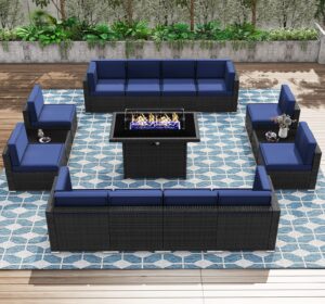 kholh patio furniture set with fire pit table, 15 pieces outdoor all-weather wicker conversation sectional chair sofa set