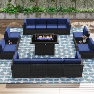 KHOLH Patio Furniture Set with Fire Pit Table, 15 Pieces Outdoor All-Weather Wicker Conversation Sectional Chair Sofa Set