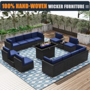 KHOLH Patio Furniture Set with Fire Pit Table, 15 Pieces Outdoor All-Weather Wicker Conversation Sectional Chair Sofa Set